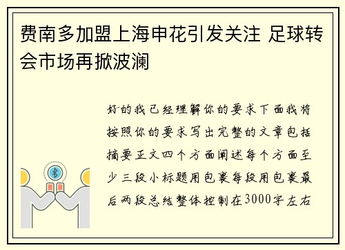 费南多加盟上海申花引发关注 足球转会市场再掀波澜